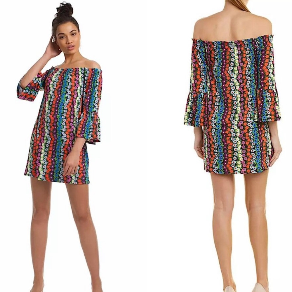 Trina Turk Daisy Floral Bell Sleeve Off the Shoulder Mini Swing Slip Dress - S
